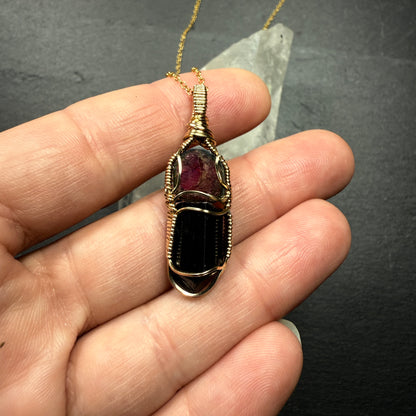 Watermelon Tourmaline Slice and Black Tourmaline Crystal Pendant