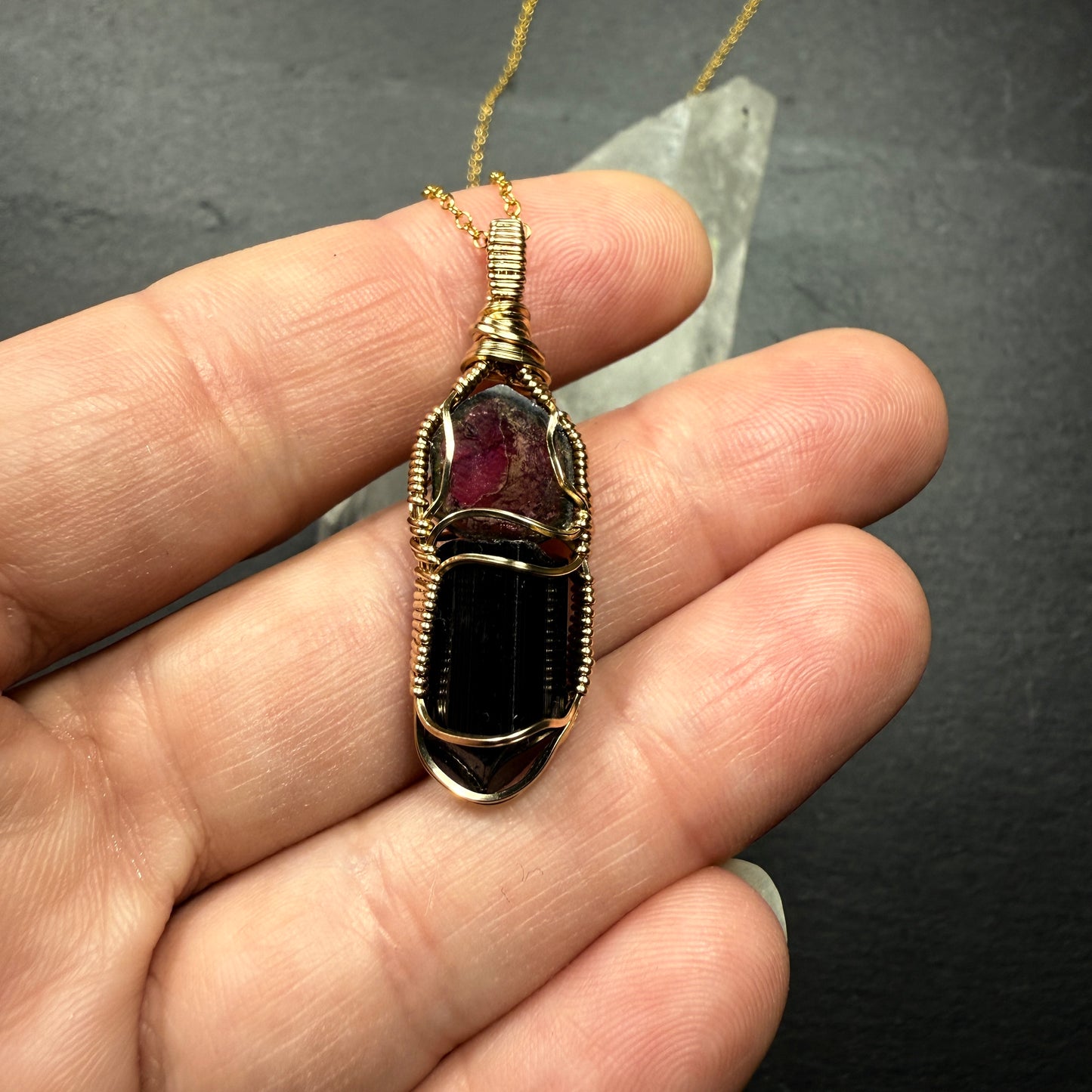 Watermelon Tourmaline Slice and Black Tourmaline Crystal Pendant