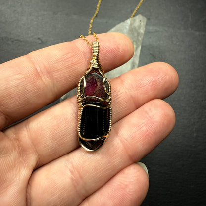 Watermelon Tourmaline Slice and Black Tourmaline Crystal Pendant
