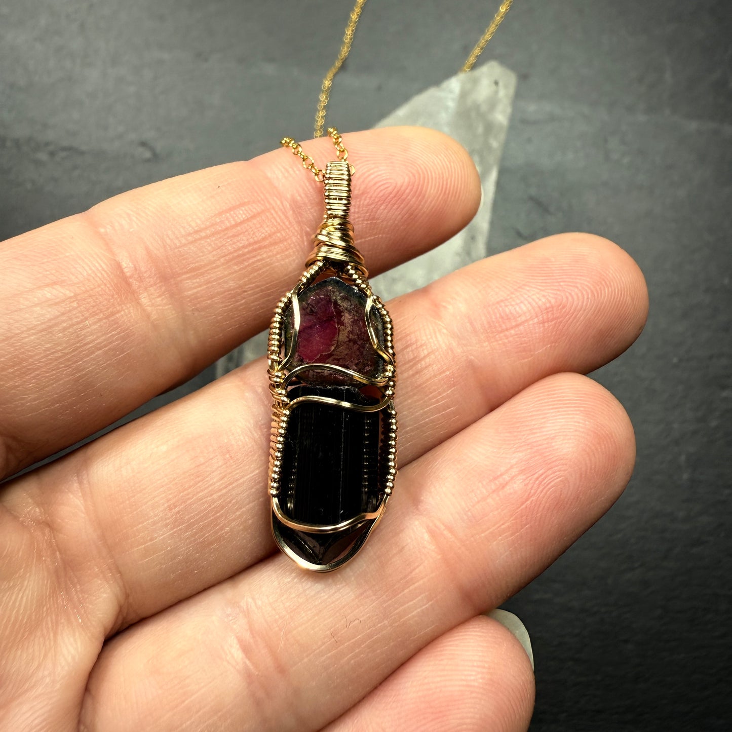 Watermelon Tourmaline Slice and Black Tourmaline Crystal Pendant