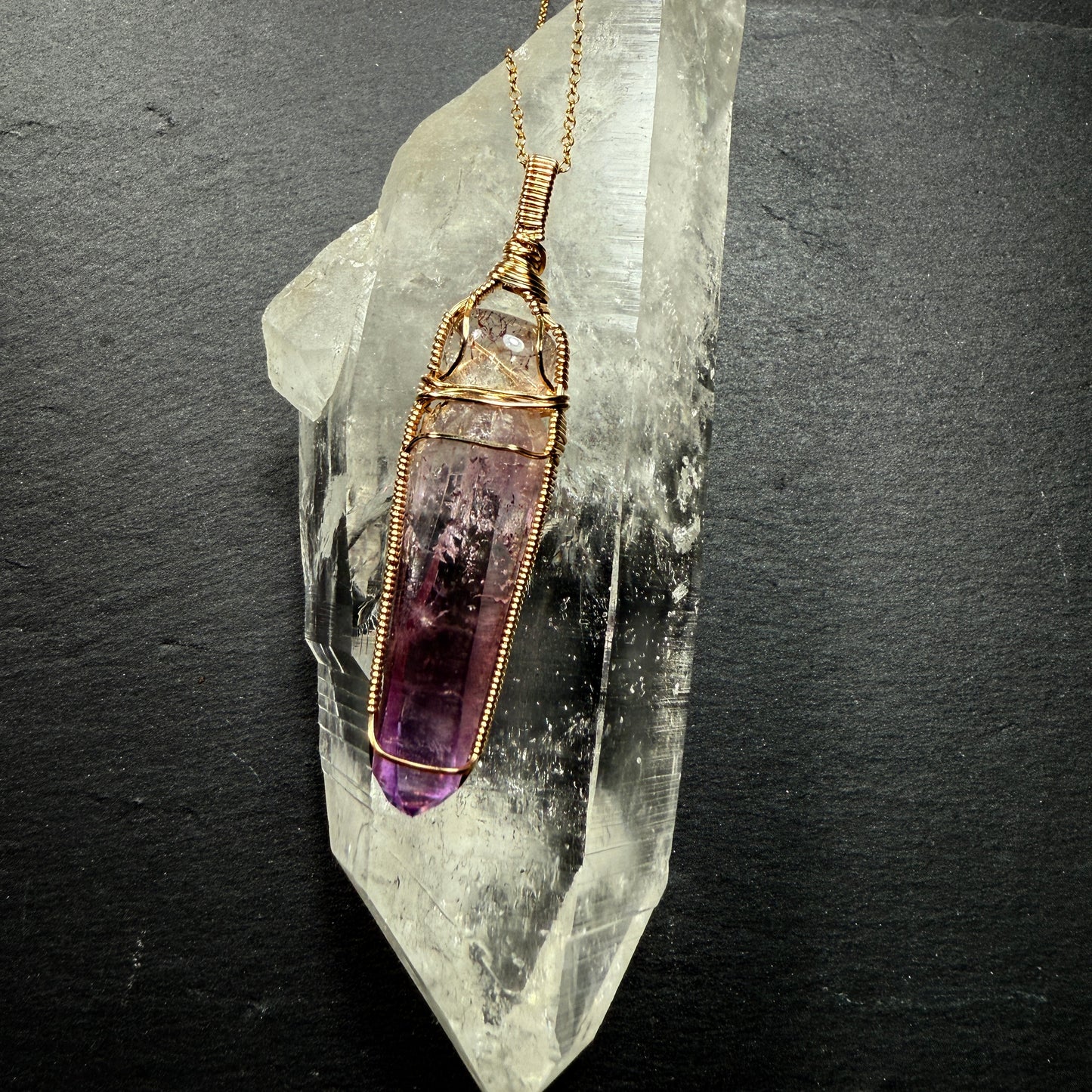 Super 7 Quartz and Amethyst Crystal Pendant
