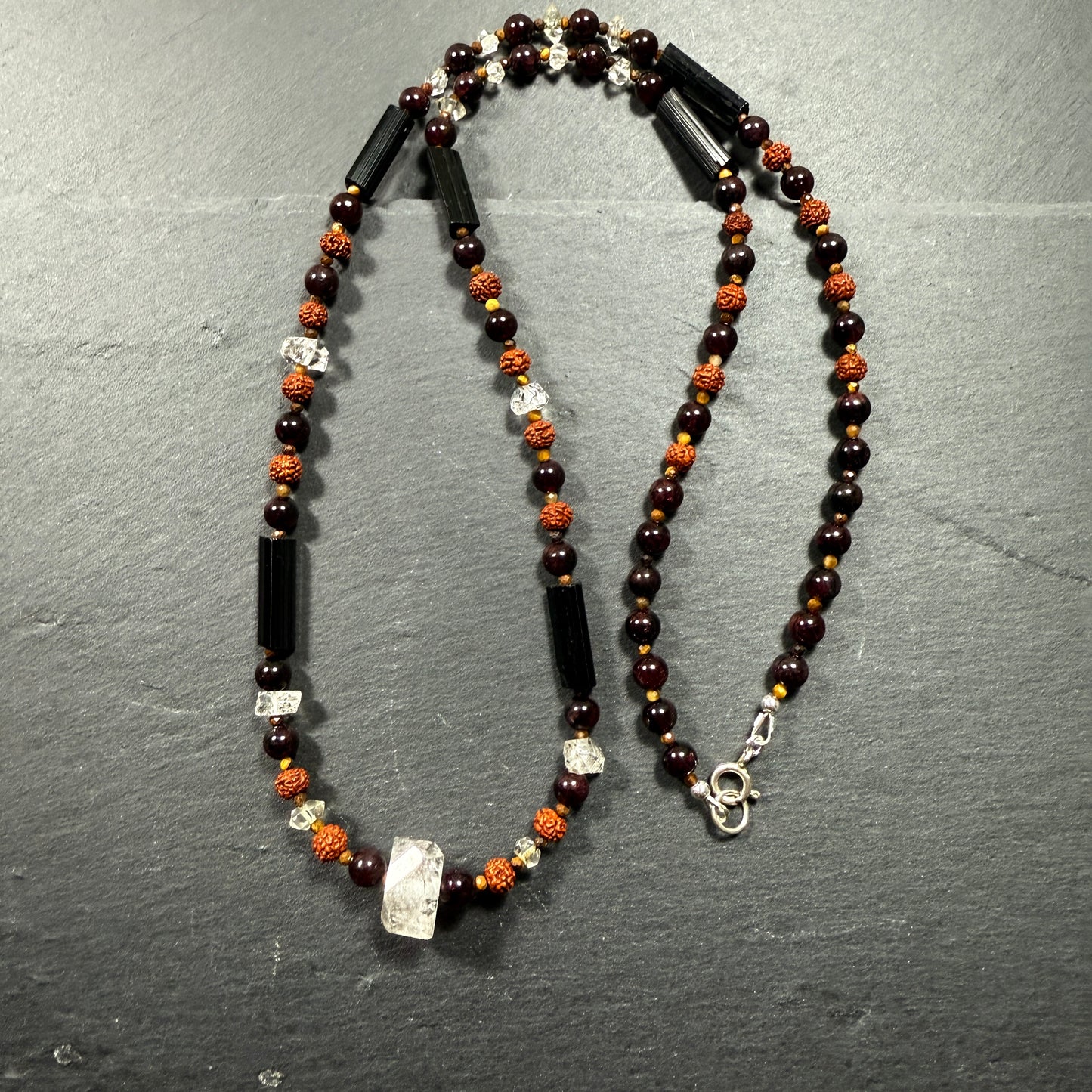 Protection & Transmutation Necklace: Double Terminated Black Phantom Quartz, Black Tourmaline, Garnet, Tiger Eye, Rudraksha