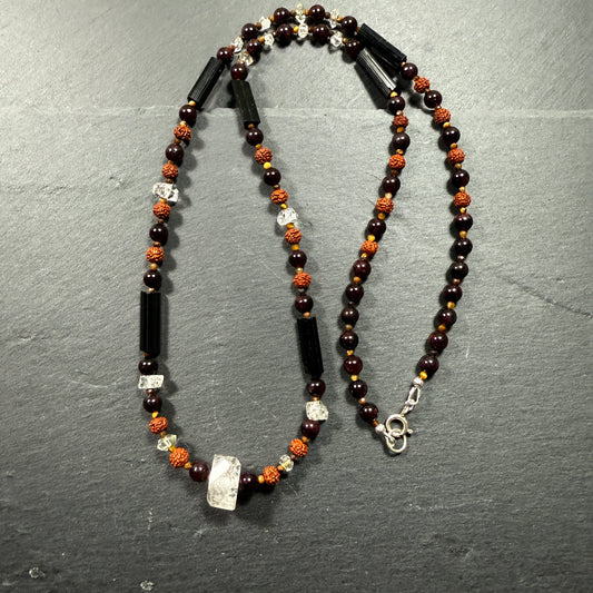 Protection & Transmutation Necklace: Double Terminated Black Phantom Quartz, Black Tourmaline, Garnet, Tiger Eye, Rudraksha