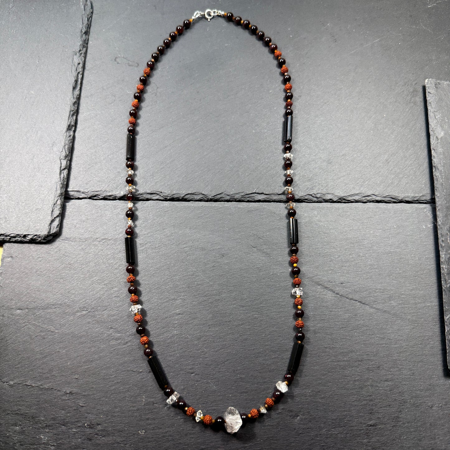 Protection & Transmutation Necklace: Double Terminated Black Phantom Quartz, Black Tourmaline, Garnet, Tiger Eye, Rudraksha