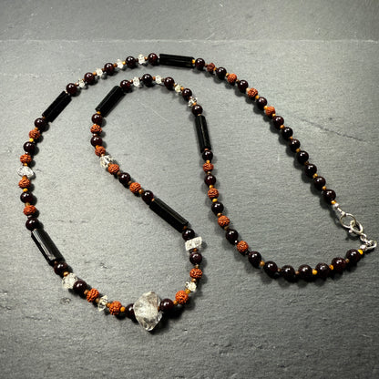 Protection & Transmutation Necklace: Double Terminated Black Phantom Quartz, Black Tourmaline, Garnet, Tiger Eye, Rudraksha