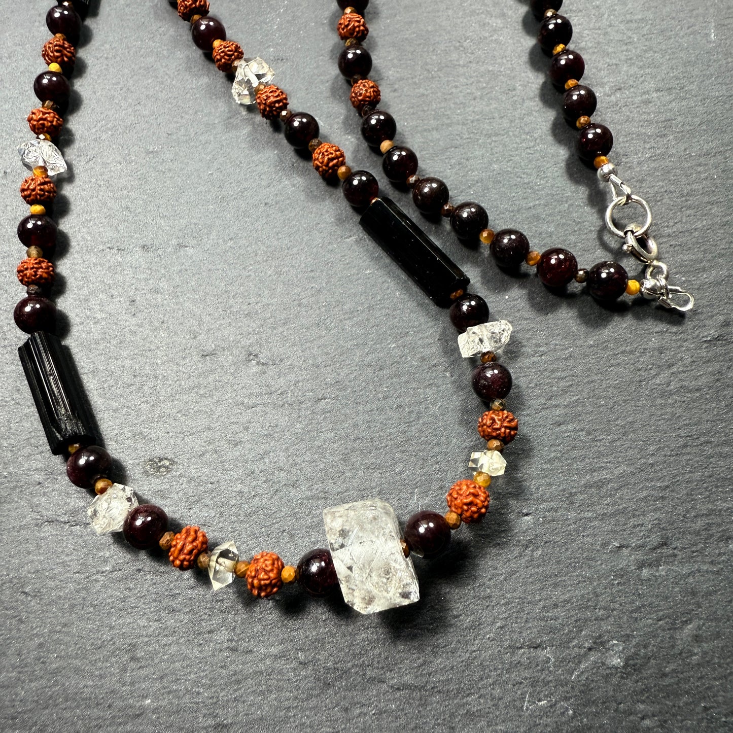 Protection & Transmutation Necklace: Double Terminated Black Phantom Quartz, Black Tourmaline, Garnet, Tiger Eye, Rudraksha