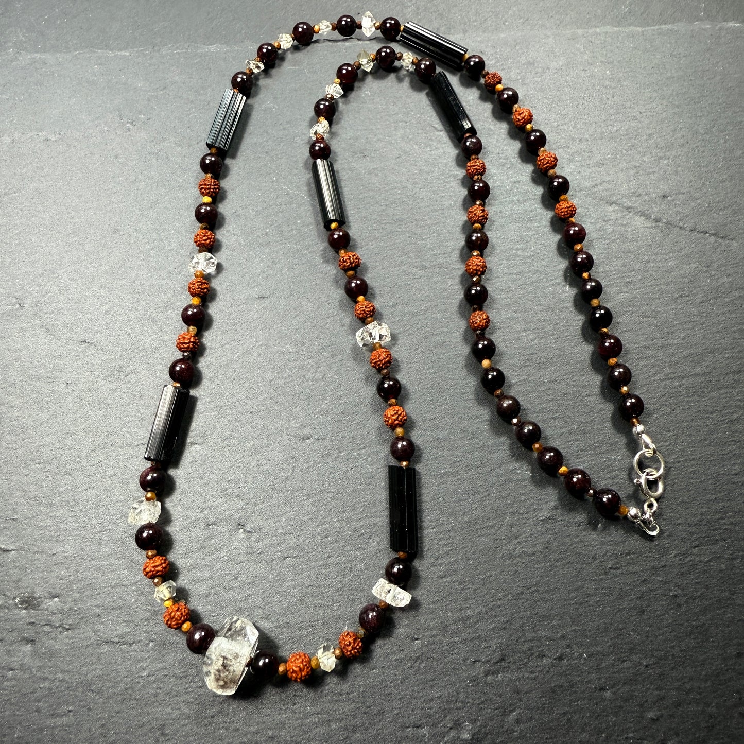 Protection & Transmutation Necklace: Double Terminated Black Phantom Quartz, Black Tourmaline, Garnet, Tiger Eye, Rudraksha