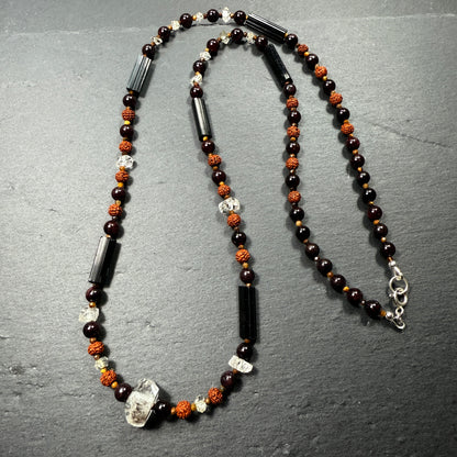 Protection & Transmutation Necklace: Double Terminated Black Phantom Quartz, Black Tourmaline, Garnet, Tiger Eye, Rudraksha