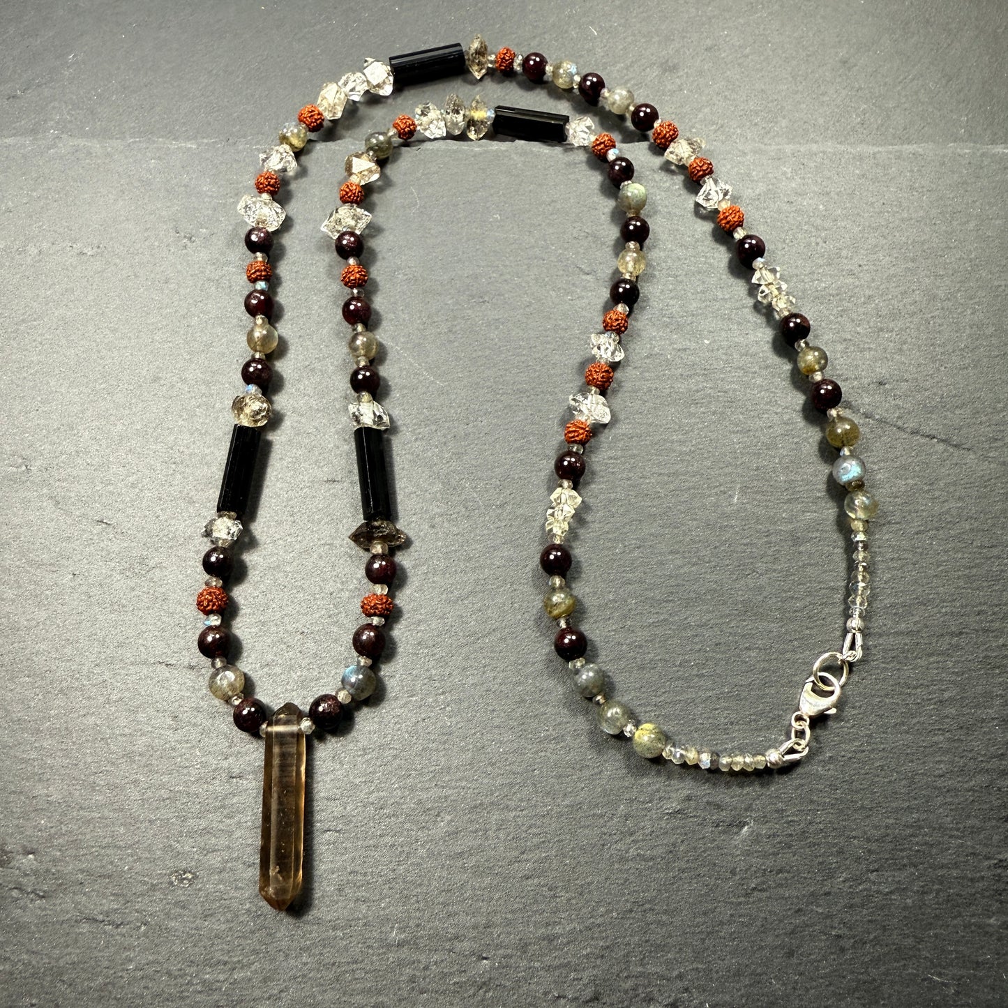 Protection & Transmutation Necklace: Double Terminated Smoky Quartz, Black Tourmaline, Garnet, Labradorite, Rudraksha, Double Terminated Black Phantom Quartz