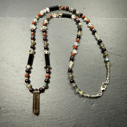 Protection & Transmutation Necklace: Double Terminated Smoky Quartz, Black Tourmaline, Garnet, Labradorite, Rudraksha, Double Terminated Black Phantom Quartz