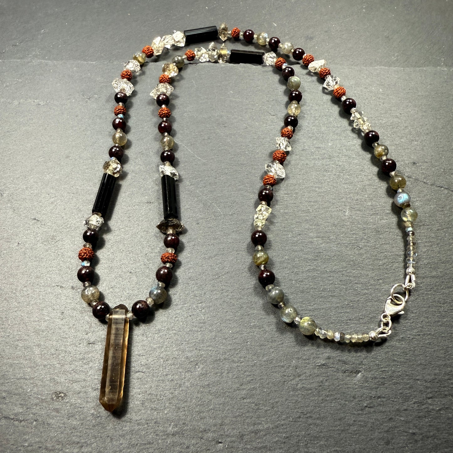 Protection & Transmutation Necklace: Double Terminated Smoky Quartz, Black Tourmaline, Garnet, Labradorite, Rudraksha, Double Terminated Black Phantom Quartz