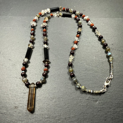 Protection & Transmutation Necklace: Double Terminated Smoky Quartz, Black Tourmaline, Garnet, Labradorite, Rudraksha, Double Terminated Black Phantom Quartz