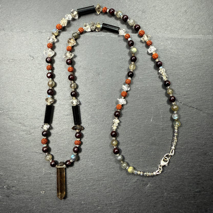 Protection & Transmutation Necklace: Double Terminated Smoky Quartz, Black Tourmaline, Garnet, Labradorite, Rudraksha, Double Terminated Black Phantom Quartz