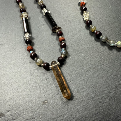 Protection & Transmutation Necklace: Double Terminated Smoky Quartz, Black Tourmaline, Garnet, Labradorite, Rudraksha, Double Terminated Black Phantom Quartz