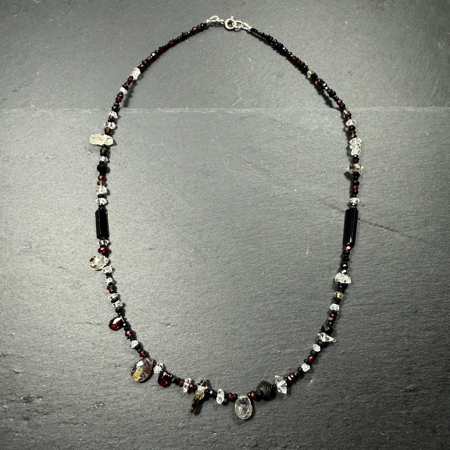 Protection Necklace Super 7, Black Tourmaline, Garnet, Rudraksha, Quartz, Black Spinel