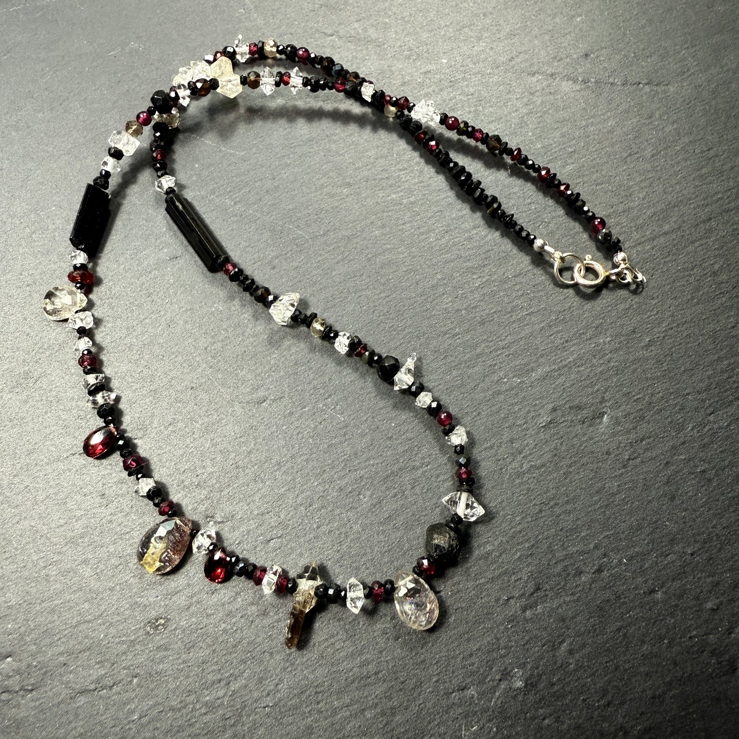 Protection Necklace Super 7, Black Tourmaline, Garnet, Rudraksha, Quartz, Black Spinel