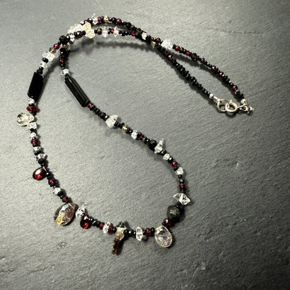 Protection Necklace Super 7, Black Tourmaline, Garnet, Rudraksha, Quartz, Black Spinel