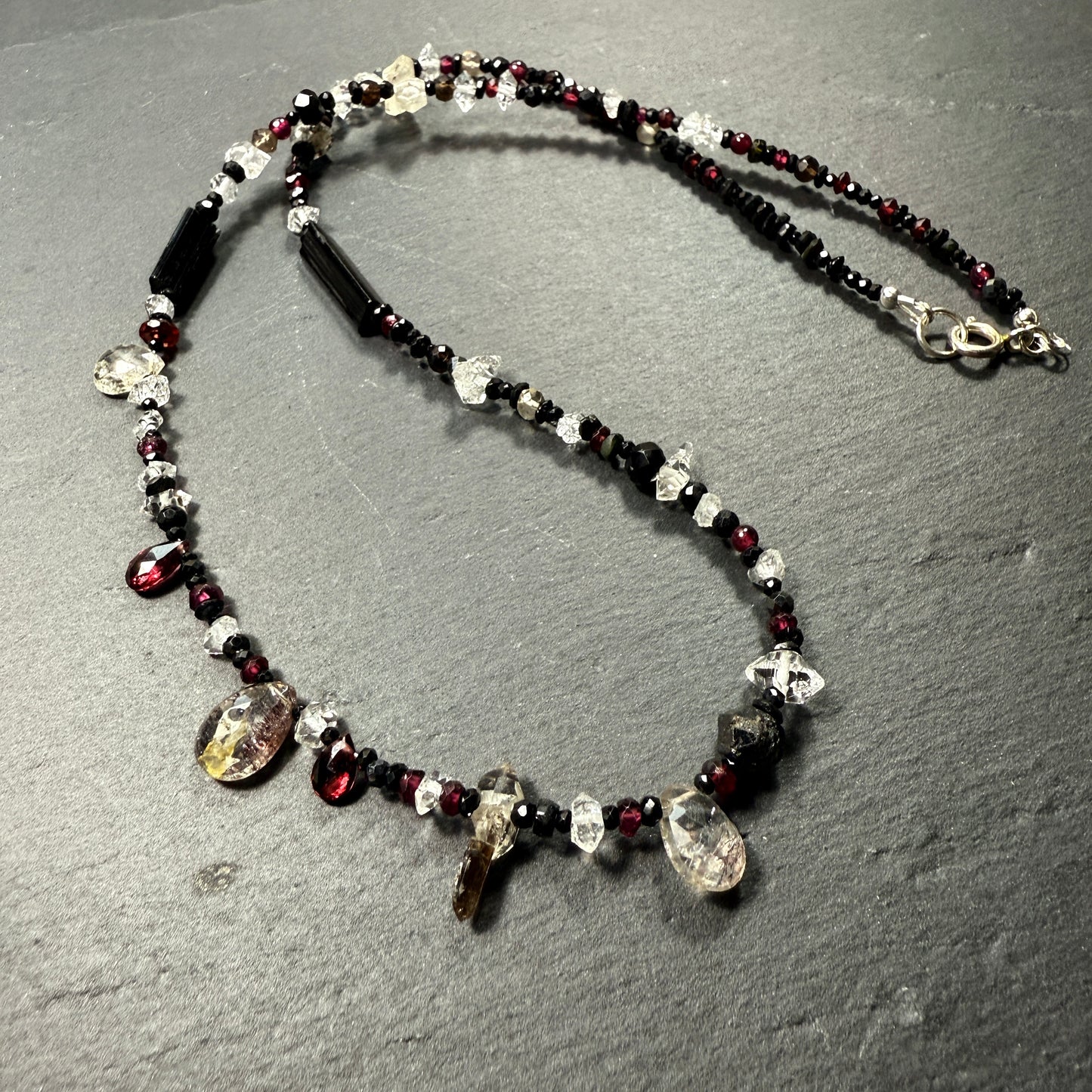 Protection Necklace Super 7, Black Tourmaline, Garnet, Rudraksha, Quartz, Black Spinel