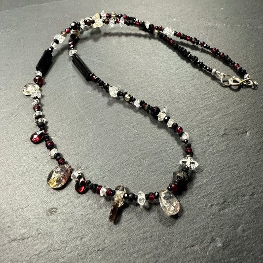 Protection Necklace Super 7, Black Tourmaline, Garnet, Rudraksha, Quartz, Black Spinel
