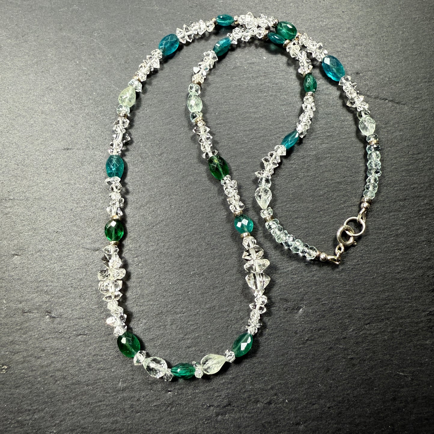 Communicate Your Vision Gemstone Necklace: Blue Apatite, Aquamarine, Double Terminated Clear Quarz