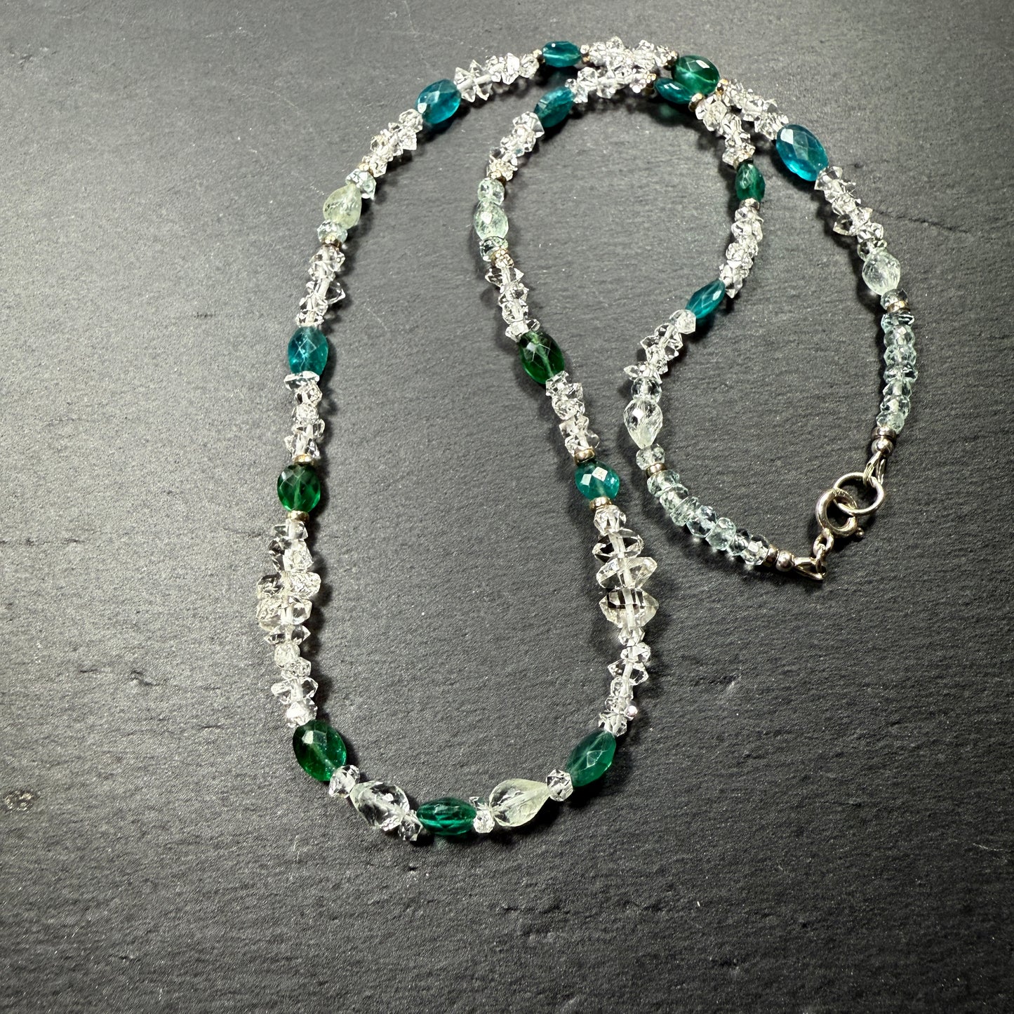 Communicate Your Vision Gemstone Necklace: Blue Apatite, Aquamarine, Double Terminated Clear Quarz