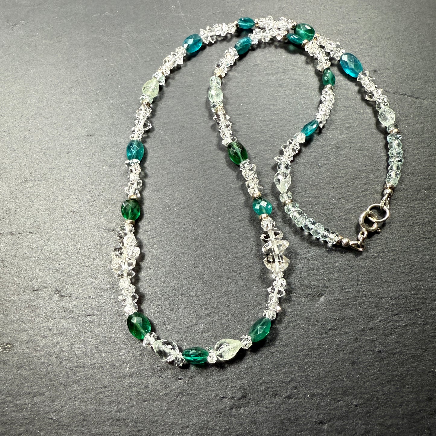 Communicate Your Vision Gemstone Necklace: Blue Apatite, Aquamarine, Double Terminated Clear Quarz