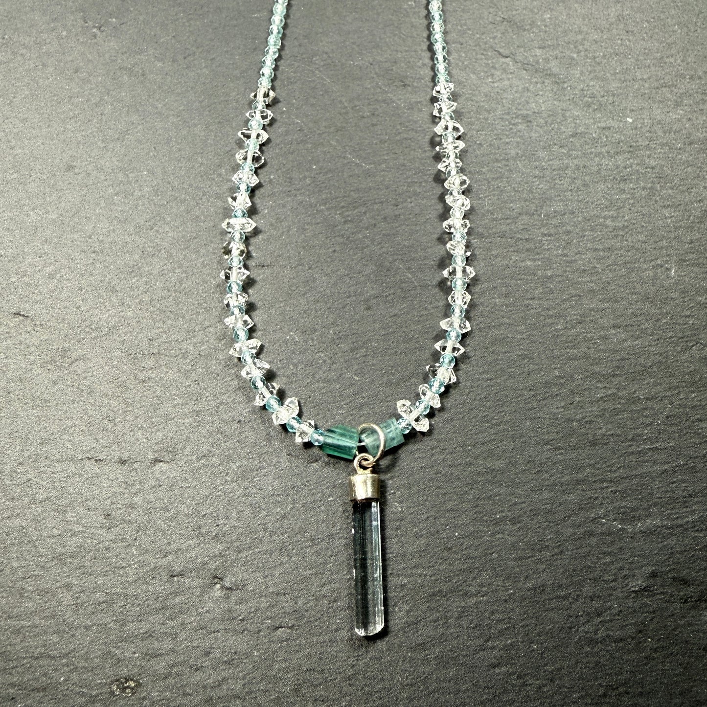 Express Your Truth Gemstone Necklace: Aquamarine, Blue Tourmaline, Double Terminated Clear Quartz