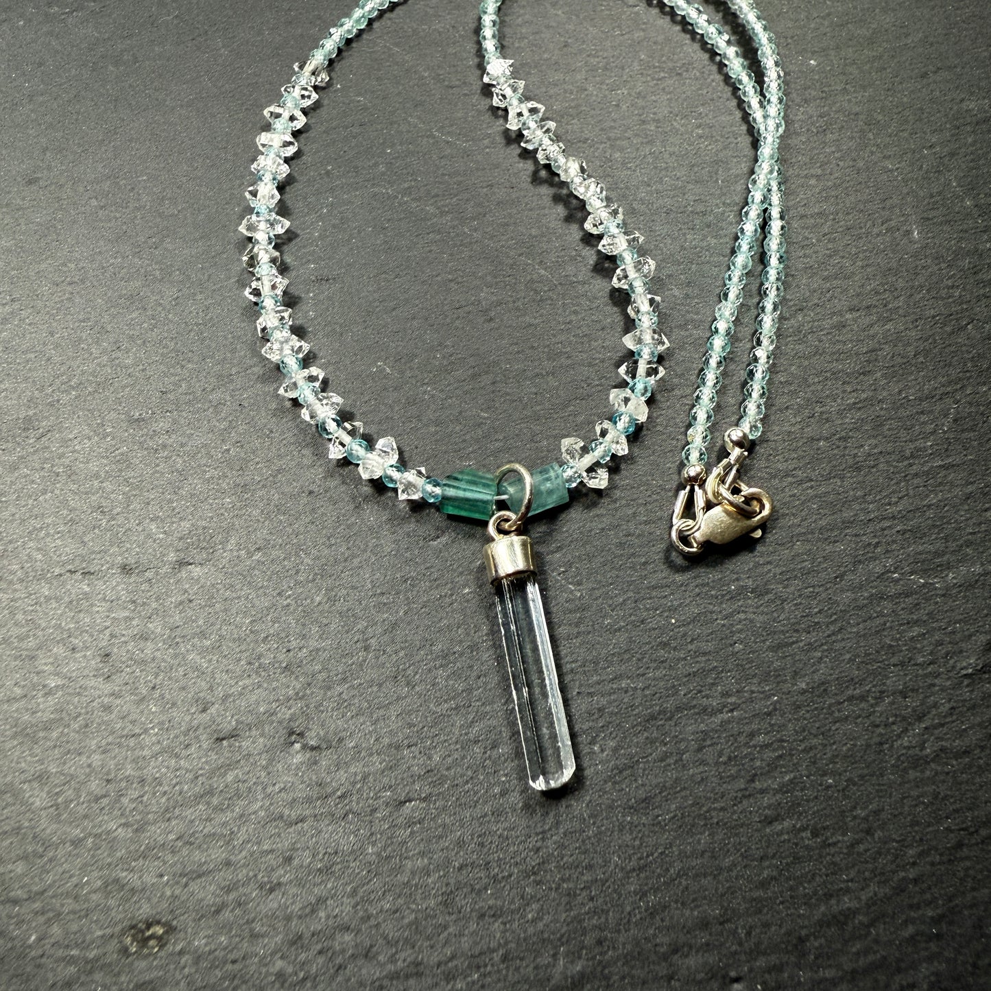 Express Your Truth Gemstone Necklace: Aquamarine, Blue Tourmaline, Double Terminated Clear Quartz