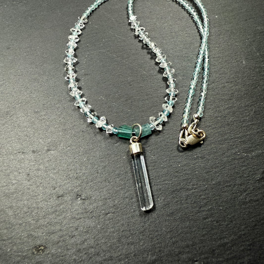 Express Your Truth Gemstone Necklace: Aquamarine, Blue Tourmaline, Double Terminated Clear Quartz