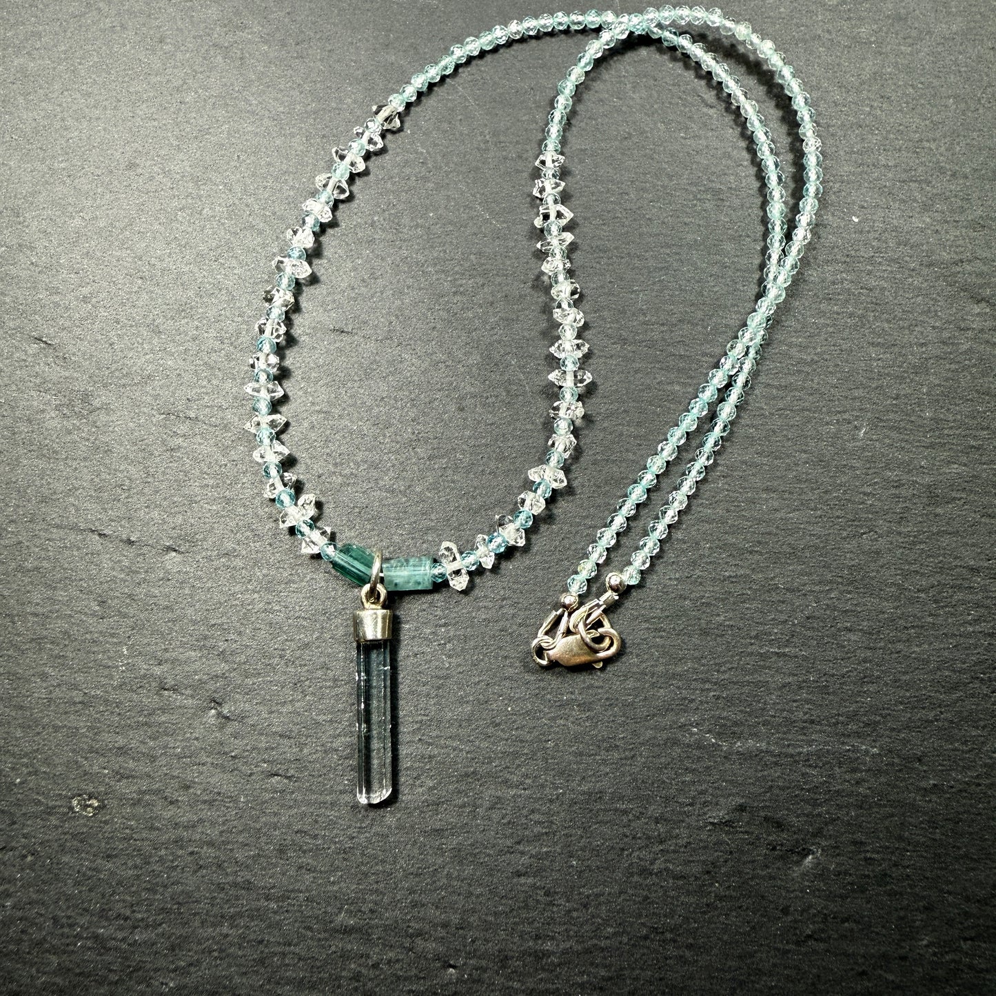 Express Your Truth Gemstone Necklace: Aquamarine, Blue Tourmaline, Double Terminated Clear Quartz