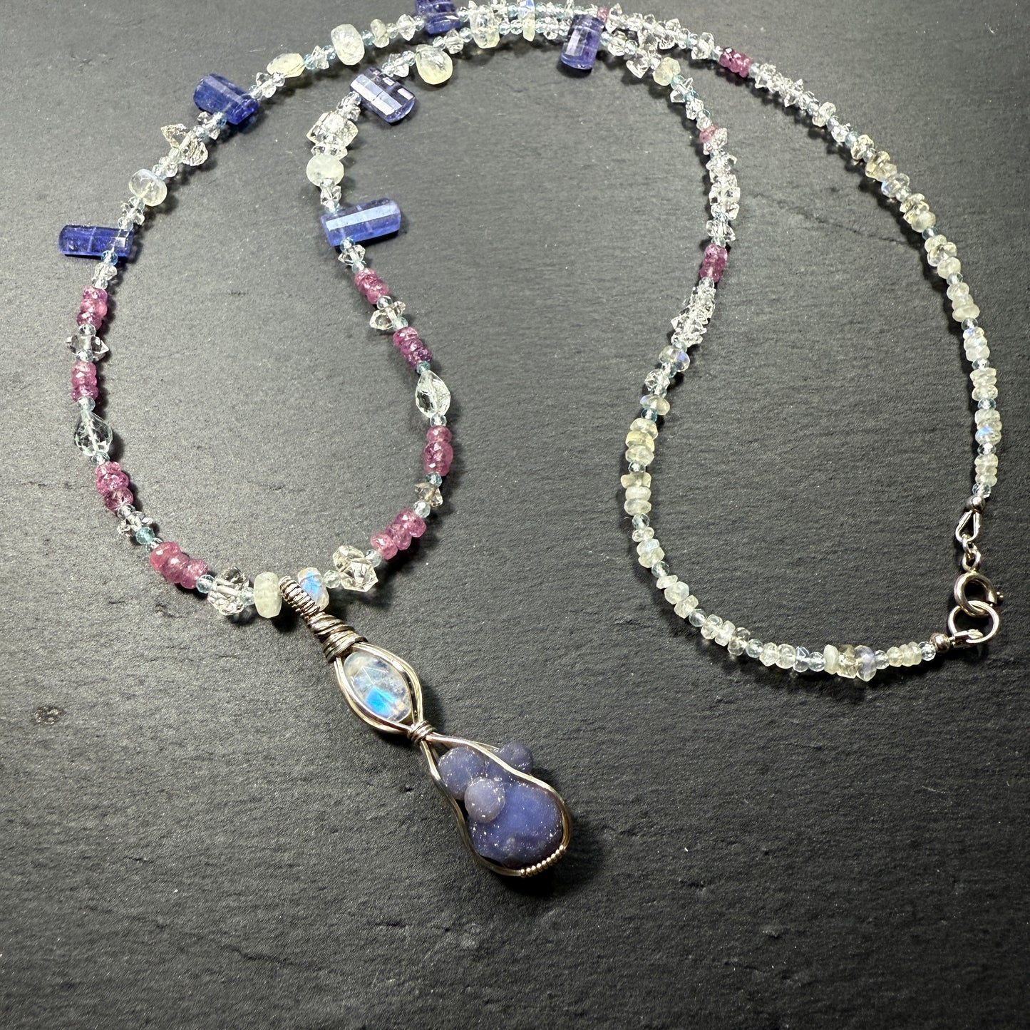 The High Priestess Gemstone Necklace: Grape Agate, Moonstone, Tanzanite, Pink Sapphire, Aquamarine, Quartz