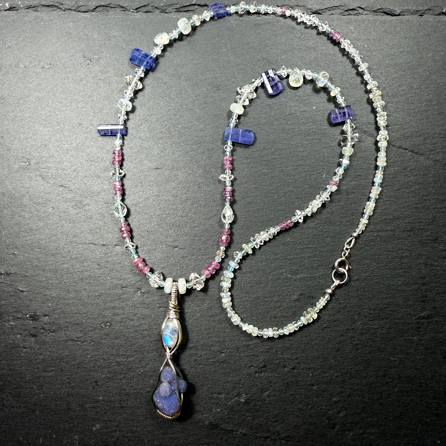 The High Priestess Gemstone Necklace: Grape Agate, Moonstone, Tanzanite, Pink Sapphire, Aquamarine, Quartz