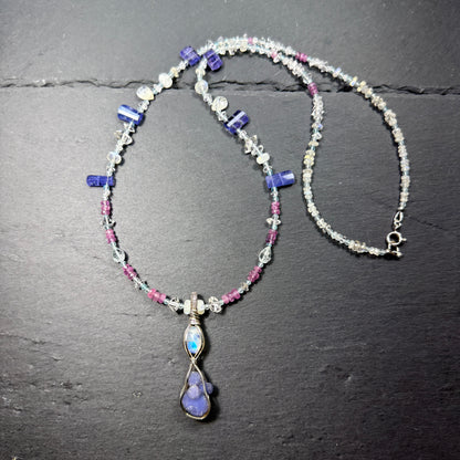 The High Priestess Gemstone Necklace: Grape Agate, Moonstone, Tanzanite, Pink Sapphire, Aquamarine, Quartz