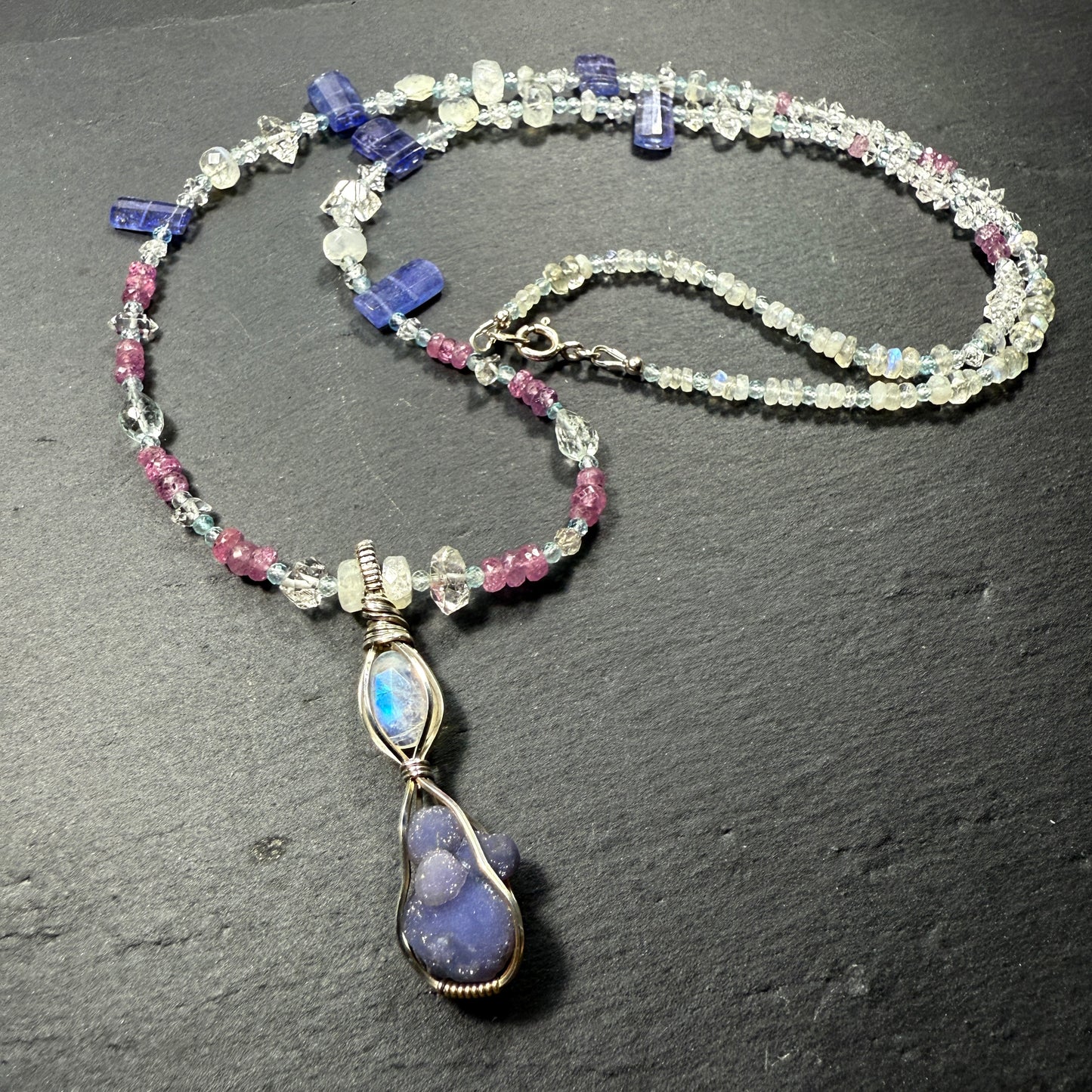The High Priestess Gemstone Necklace: Grape Agate, Moonstone, Tanzanite, Pink Sapphire, Aquamarine, Quartz