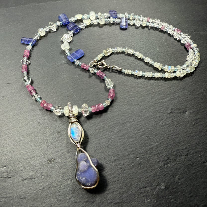 The High Priestess Gemstone Necklace: Grape Agate, Moonstone, Tanzanite, Pink Sapphire, Aquamarine, Quartz