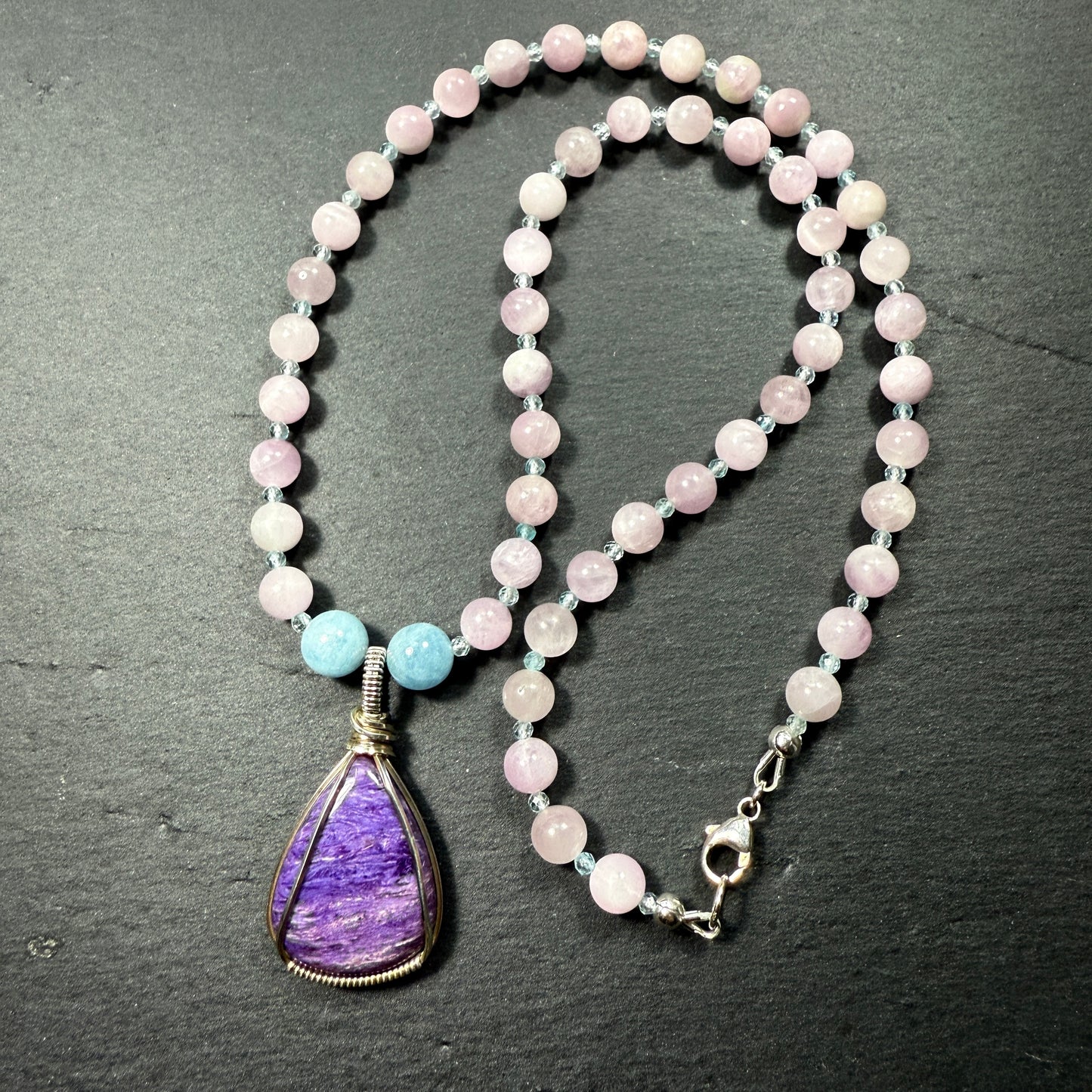 Spiritual Support for this New Cycle: Charoite, Aquamarine, Kunzite Gemstone Necklace