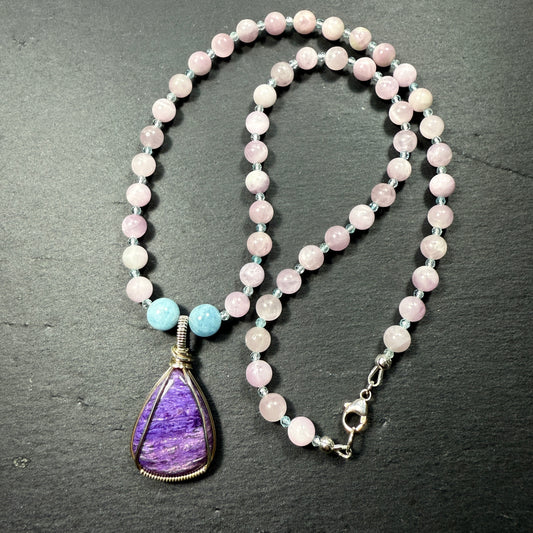 Spiritual Support for this New Cycle: Charoite, Aquamarine, Kunzite Gemstone Necklace