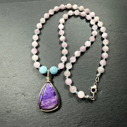 Spiritual Support for this New Cycle: Charoite, Aquamarine, Kunzite Gemstone Necklace