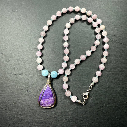 Spiritual Support for this New Cycle: Charoite, Aquamarine, Kunzite Gemstone Necklace
