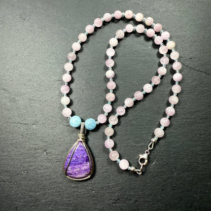 Spiritual Support for this New Cycle: Charoite, Aquamarine, Kunzite Gemstone Necklace