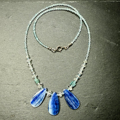 Communicate & Connect With Spirit Gudies Gemstone Necklace: Blue Kyanite, Aquamarine, Blue Tourmaline, Double Terminated Clear Quarz