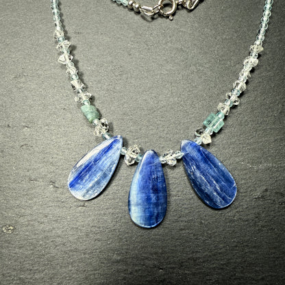 Communicate & Connect With Spirit Gudies Gemstone Necklace: Blue Kyanite, Aquamarine, Blue Tourmaline, Double Terminated Clear Quarz
