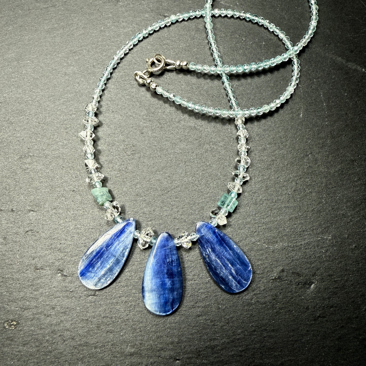 Communicate & Connect With Spirit Gudies Gemstone Necklace: Blue Kyanite, Aquamarine, Blue Tourmaline, Double Terminated Clear Quarz