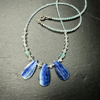 Communicate & Connect With Spirit Gudies Gemstone Necklace: Blue Kyanite, Aquamarine, Blue Tourmaline, Double Terminated Clear Quarz