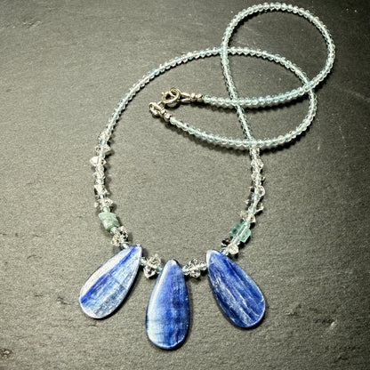 Communicate & Connect With Spirit Gudies Gemstone Necklace: Blue Kyanite, Aquamarine, Blue Tourmaline, Double Terminated Clear Quarz