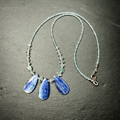 Communicate & Connect With Spirit Gudies Gemstone Necklace: Blue Kyanite, Aquamarine, Blue Tourmaline, Double Terminated Clear Quarz