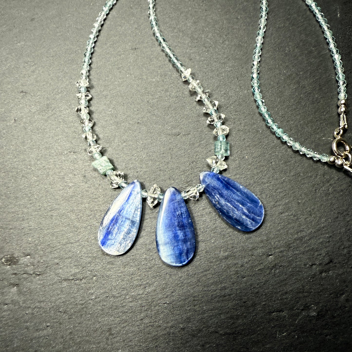 Communicate & Connect With Spirit Gudies Gemstone Necklace: Blue Kyanite, Aquamarine, Blue Tourmaline, Double Terminated Clear Quarz