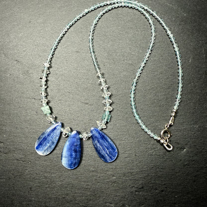 Communicate & Connect With Spirit Gudies Gemstone Necklace: Blue Kyanite, Aquamarine, Blue Tourmaline, Double Terminated Clear Quarz