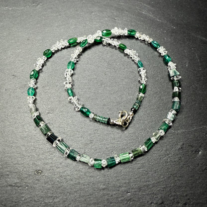 Crystal Clear Inner Sight Gemstone Necklace: Teal Blue Tourmaline & Apatite with Double Terminated Clear Quartz Crystals