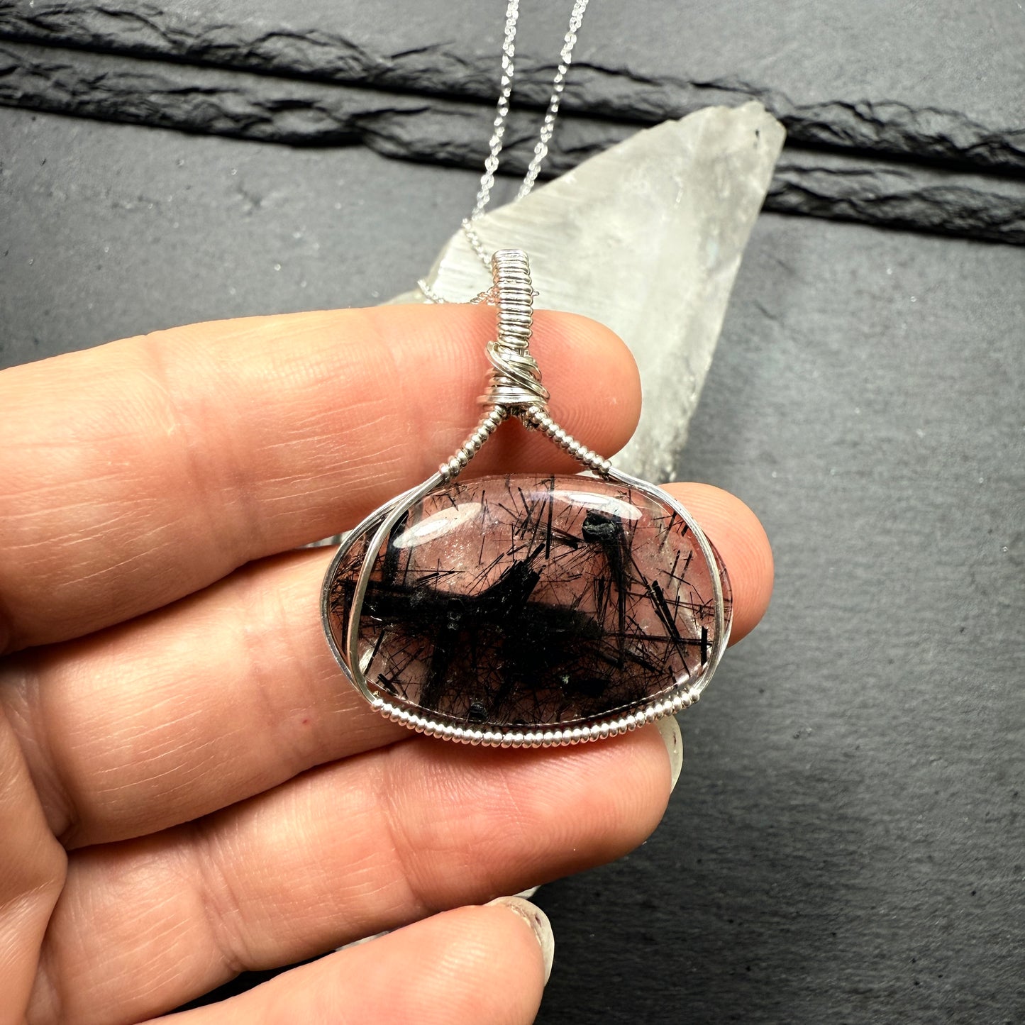 Black Tourmaline in Quartz Pendant
